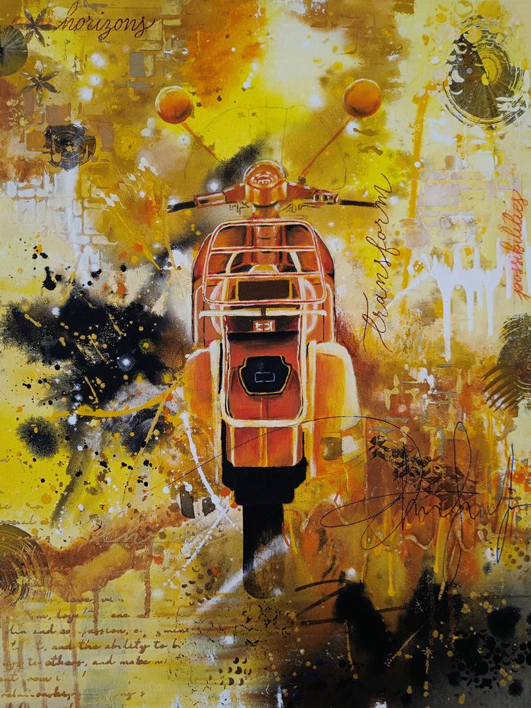 Golden Road, mixed media painting by Vinda Shinde of an orange Vespa against a layered gold and yellow background