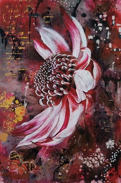 Becoming, mixed media painting by Vinda Shinde, flower, 12 × 18 in