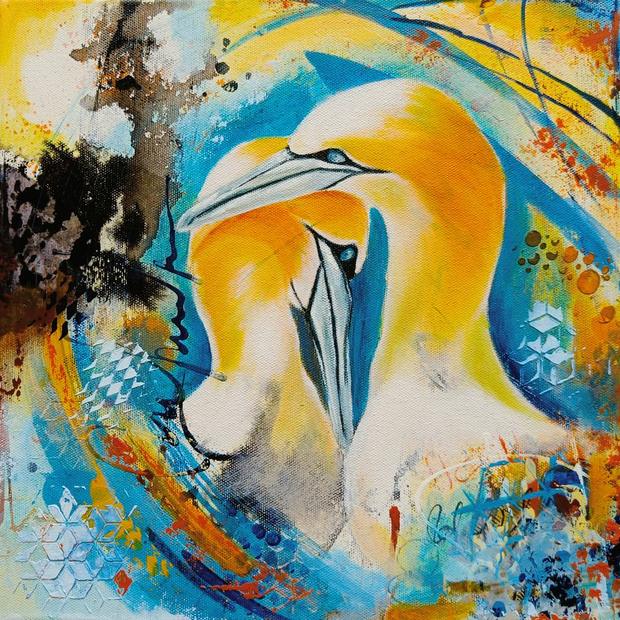 Bound by Love, mixed media painting by Vinda Shinde, winged devotion series, 12 × 12 in