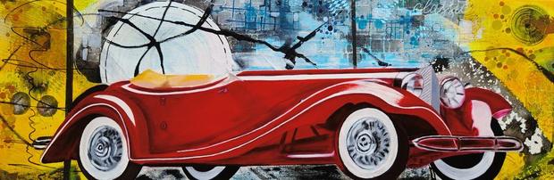 Chasing Horizons, mixed media painting by Vinda Shinde, vintage mercedes-benz, 12 × 36 in