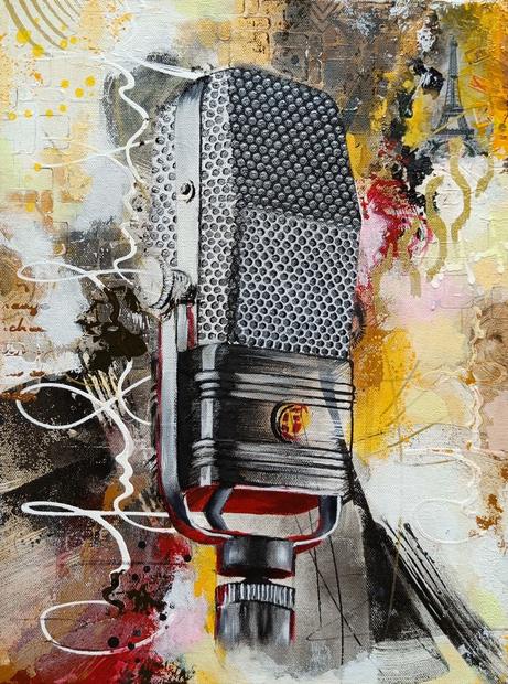 Discovering Your Superpower, mixed media painting by Vinda Shinde, microphone, 12 × 16 in