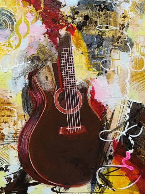 Echoes of the Soul, mixed media painting by Vinda Shinde, guitar, 12 × 16 in
