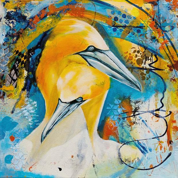 Eternal Embrace, mixed media painting by Vinda Shinde, winged devotion series, 12 × 12 in