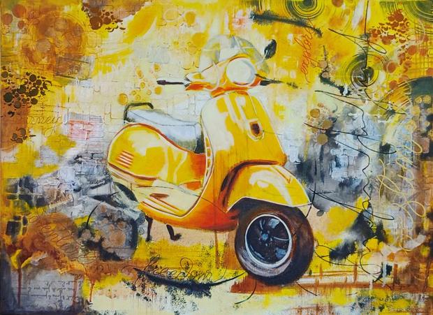 Soulful Commute, mixed media painting by Vinda Shinde, vespa, 18 × 24 in