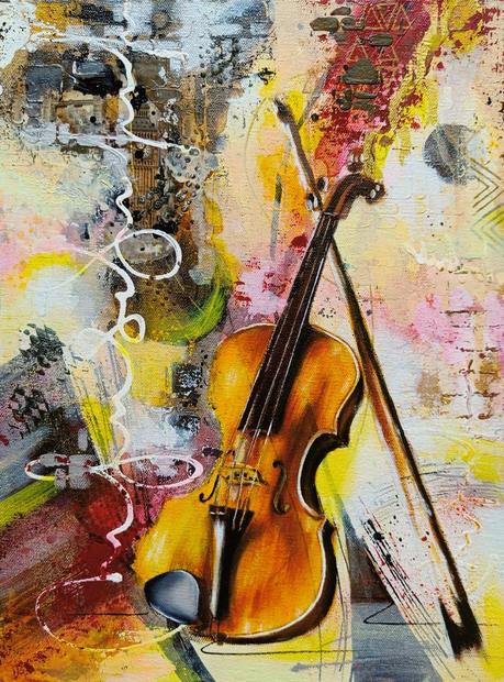 The Journey Within, mixed media painting by Vinda Shinde, violin, 12 × 16 in
