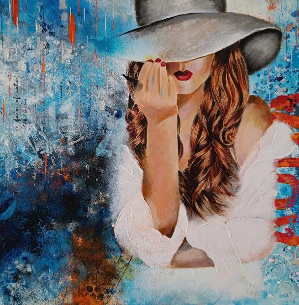 The Mystery Woman, mixed media painting by Vinda Shinde, portrait, 18 × 18 in