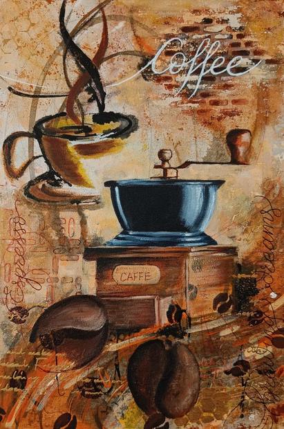 The Pursuit of Excellence, mixed media painting by Vinda Shinde, vintage coffee grinder, 12 × 18 in