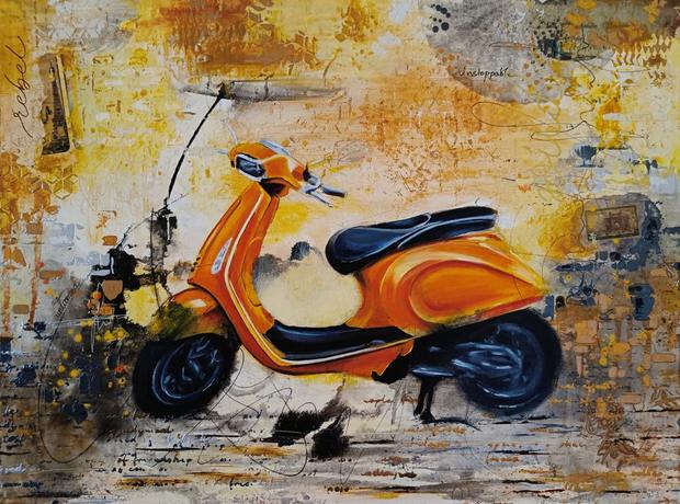 The Rebel, mixed media painting by Vinda Shinde, vespa, 18 × 24 in