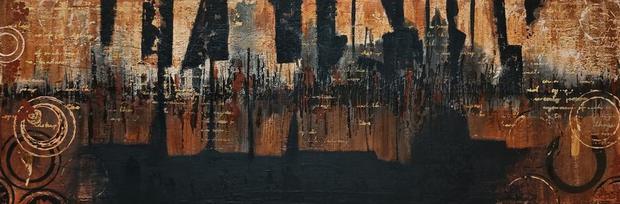 Un-Masked, mixed media painting by Vinda Shinde, piano keys, 12 × 36 in