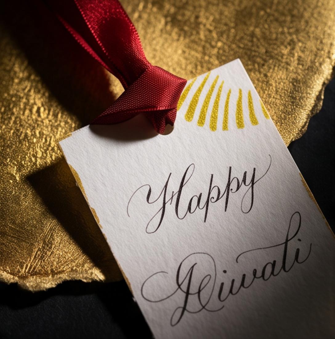 Close-up of a hand-lettered Happy Diwali tag with gold foil rays and red ribbon