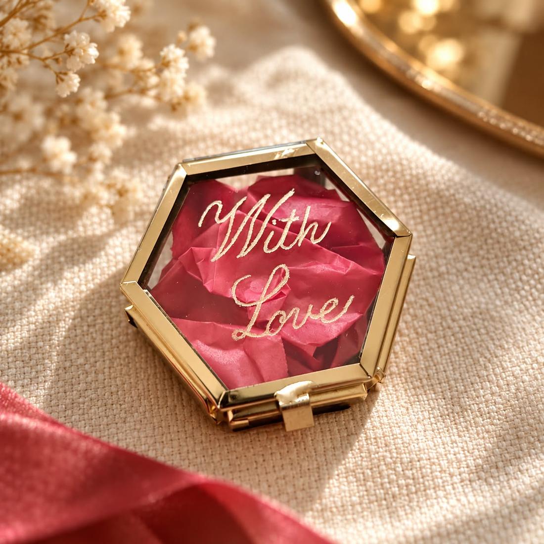 Small gold-framed hexagonal glass box engraved with the words With Love