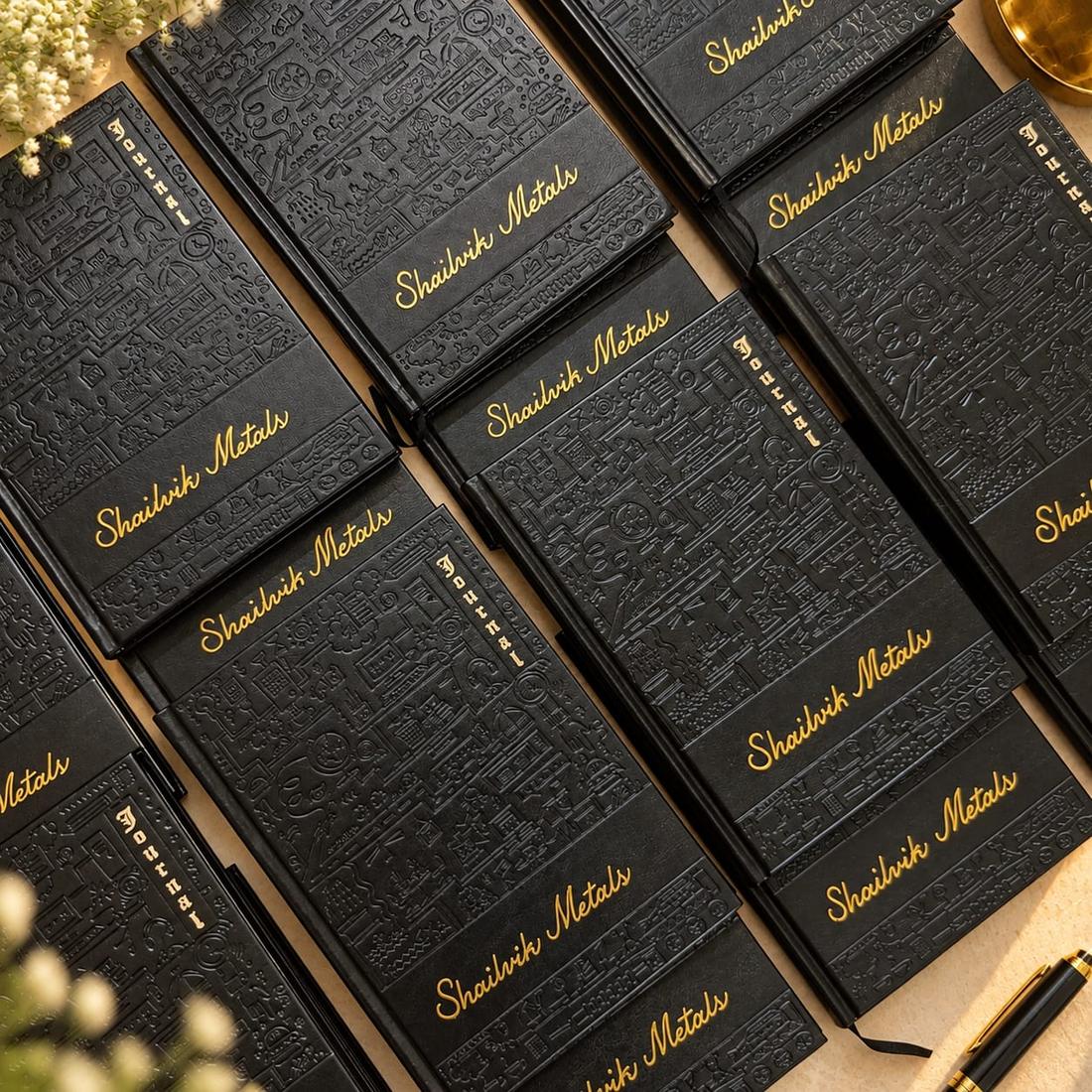 Black corporate notebooks heat-foiled in gold with a company name