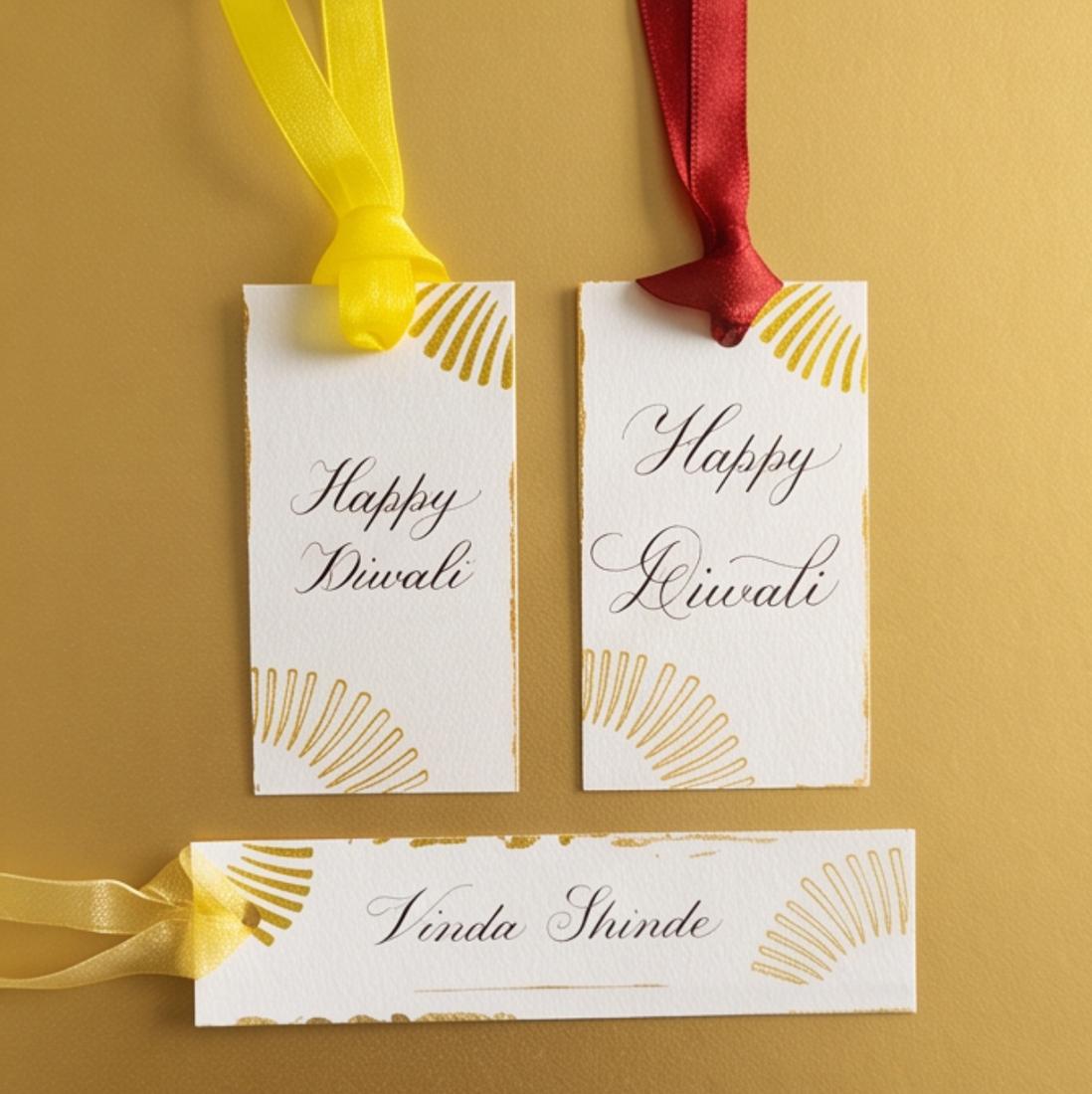 Gold heat-foiled Happy Diwali gift tags with ribbons and a hand-lettered name card