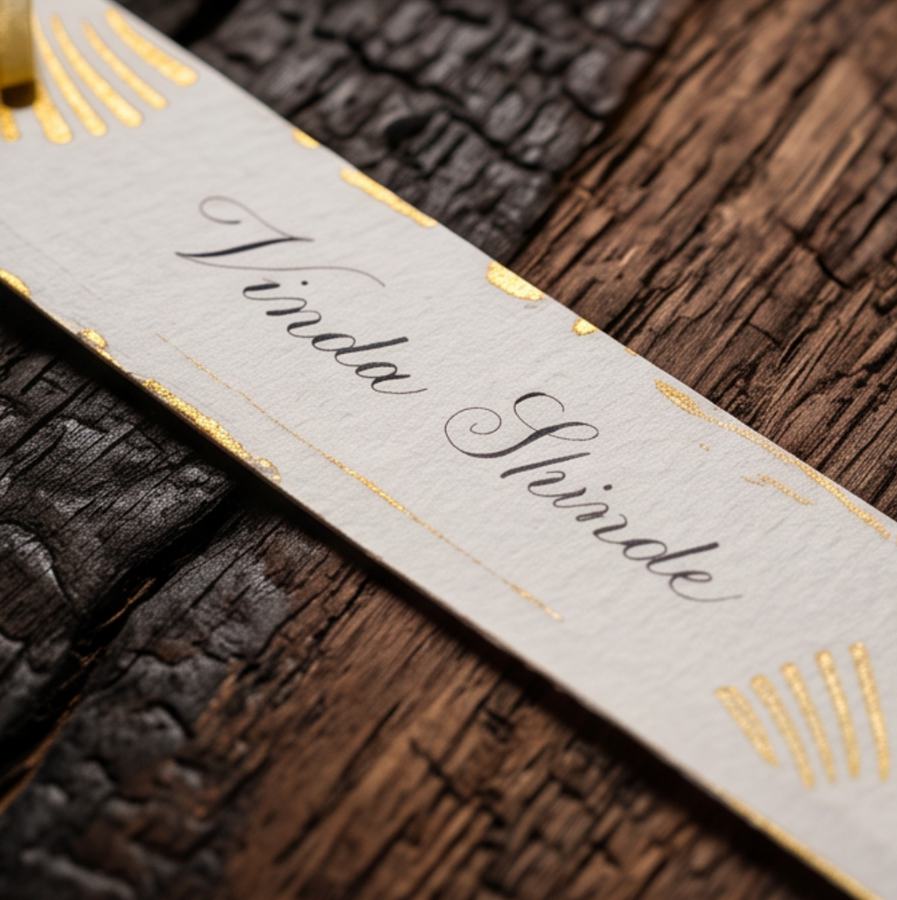 Name card lettered in calligraphy with gold foil details on dark wood
