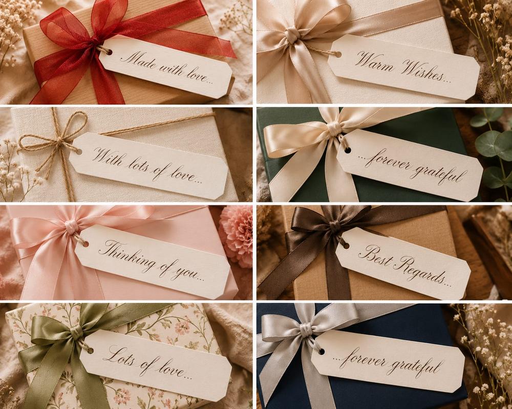 A collection of hand-lettered gift tags with silk ribbons