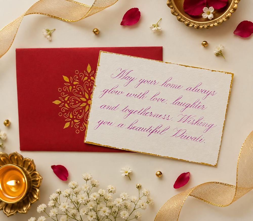 A Diwali greeting written in flowing calligraphy on a gold-edged card beside a red envelope