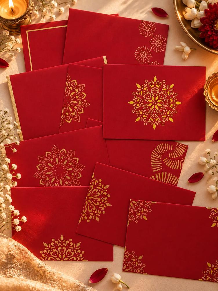 Red envelopes with gold foil mandala designs