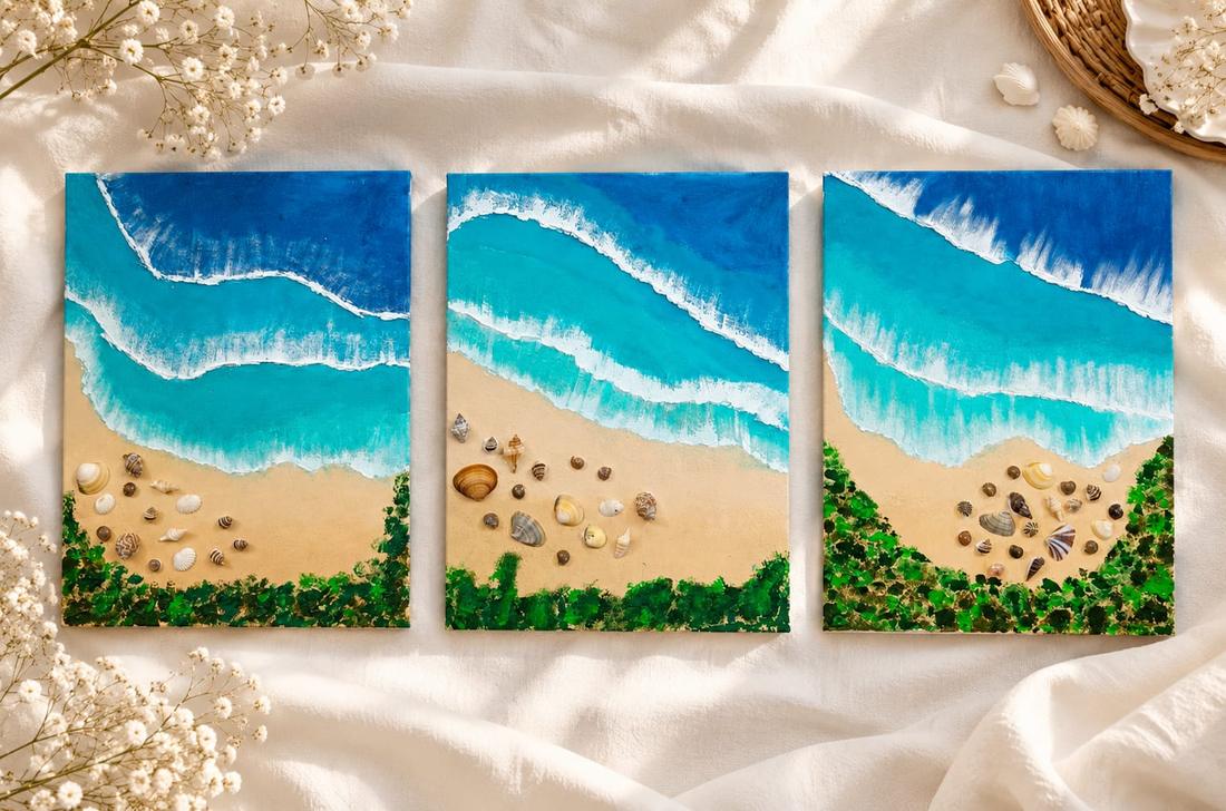 Three small beach-themed artworks made at a creative workshop