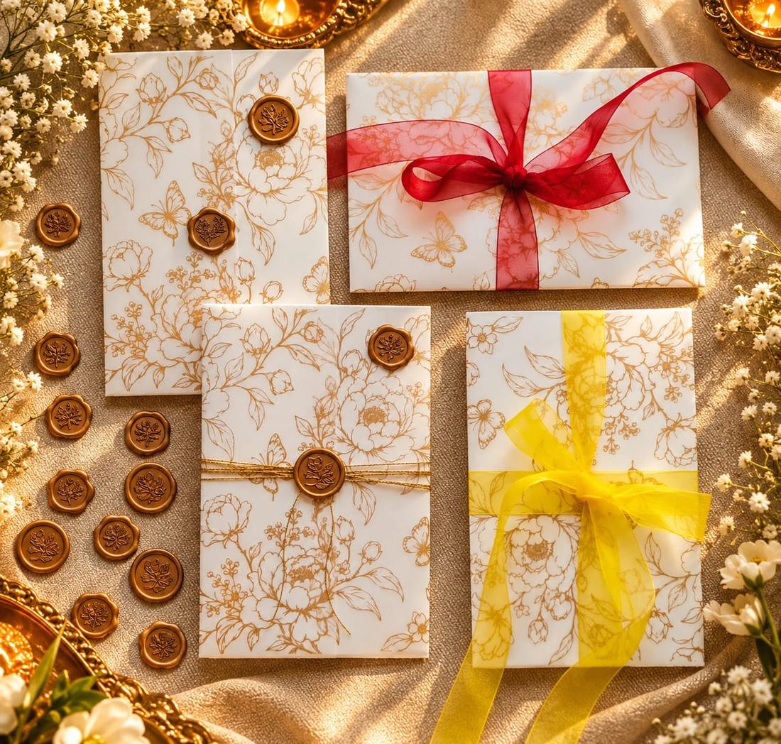 Wedding envelopes with gold floral print, ribbons and wax seals